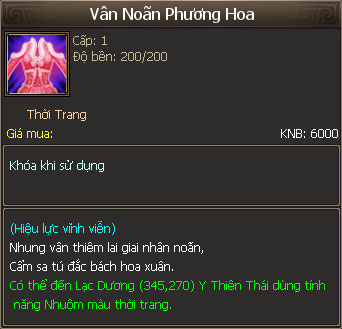 Hình ảnh vật phẩm thời trang Vân Noãn Phương Hoa bày bán trong tiệm Kim Nguyên Bảo Game Tân Thiên Long